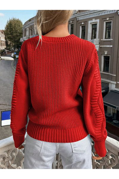 AQE FASHION Selanik Tricotat Mâneci Motiv Crew Deck Tricot Pulover RED