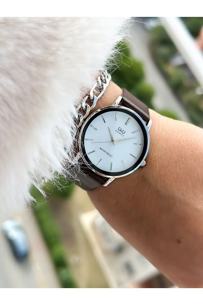 Q&Q Brand Retro Model Brown Leather Strap, Polite Women's Wristwatch + Bracelet
