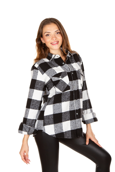 BENESSE Slim Fit Black and White Checkerboard Pattern Unisex Lumberjack Shirt