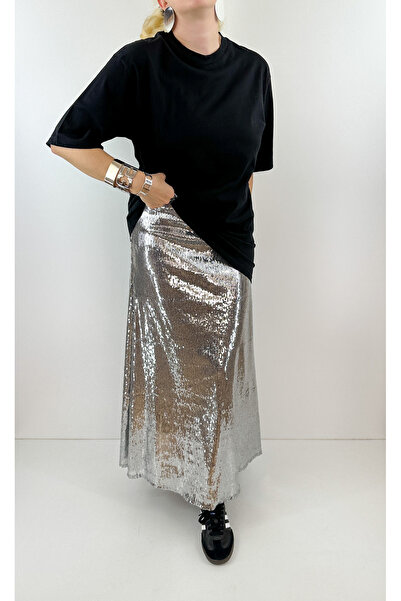 Modaonna Gümüş payetli maxi etek