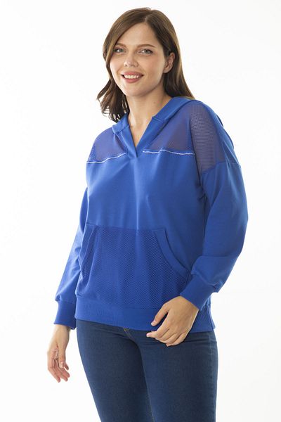 Şans Women's Large Size Saks Mesh Detailed Kangaroo Pocket Hooded Swatshirt 65N36868