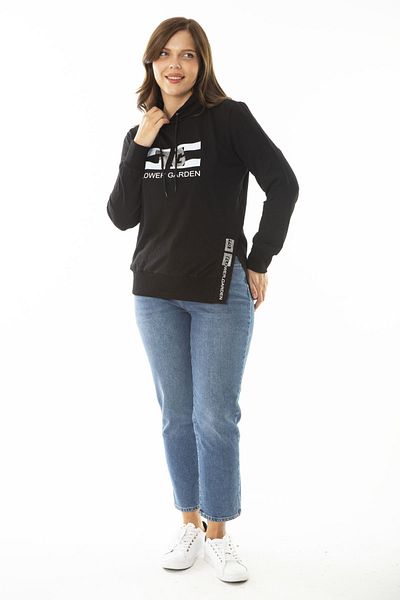 Şans Women's Large Size Black Stone and Print Detailed Hooded Sweatshirt with Side Slits 65N36867