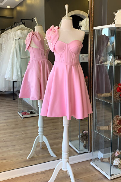 Lenta Moda Pembe Saten Mini Abiye ve Gece Elbisesi