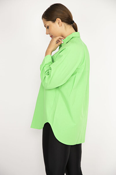 Şans Women's Large Size Green Front Buttoned Poplin Shirt 65N36858