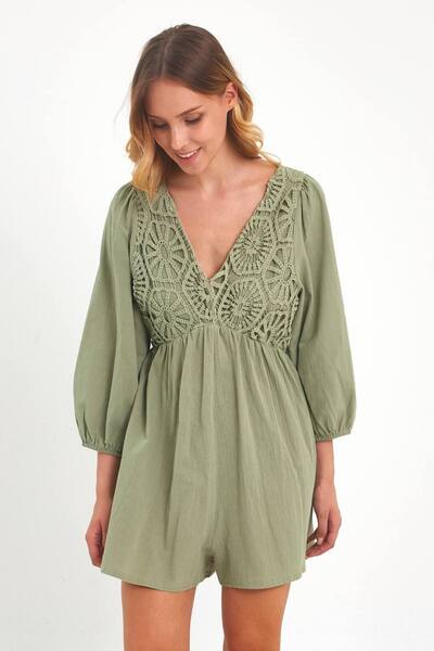 Melike Bakar Boutique Khaki Green Lace Detailed Jumpsuit