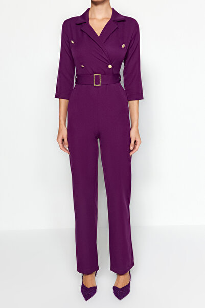 Trendyol Collection Plum Belted Double Breasted Collar Woven Jumpsuit TWOAW23TU00017