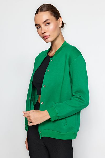 Trendyol Collection Emerald Green Thick Fleece Inside Relaxed/Comfortable Fit Bomber Knitted Sweatshirt with Snap Fasteners TWOAW24SW00170