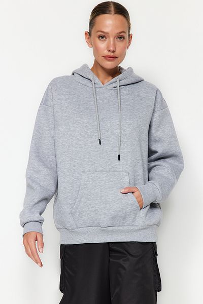 Trendyol Collection Gray Melange Thick Fleece Inside Oversize/Wide Fit Hooded Basic Knitted Sweatshirt TWOAW24SW00103