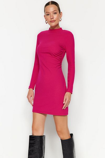 Trendyol Collection Μίνι πλεκτό φούξια φόρεμα με ψηλό γιακά TWOAW24EL00120