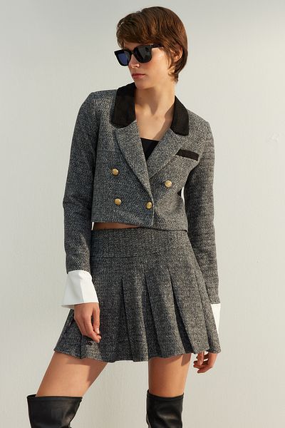 Trendyol Collection Szürke prémium vágógombos részletes szövött blézerkabát TWOAW24BC00071