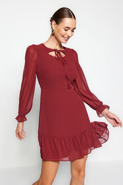 Trendyol Collection Rochie de iarnă din șifon cu guler burgundă - căptușită, TWOAW23EL01087