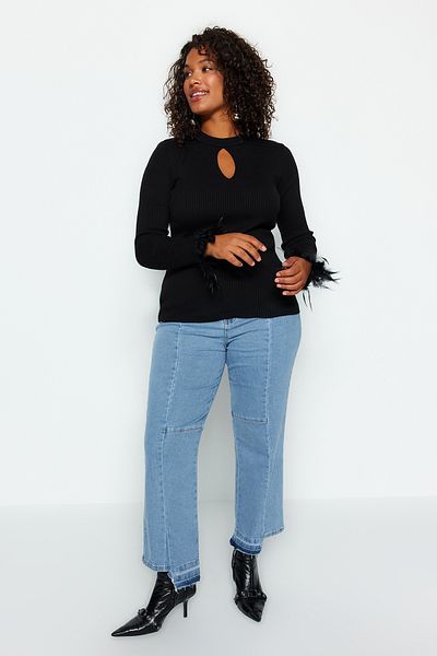 Trendyol Curve Black Otriş Detailed Ribbed Sweater TBBAW24AN00014