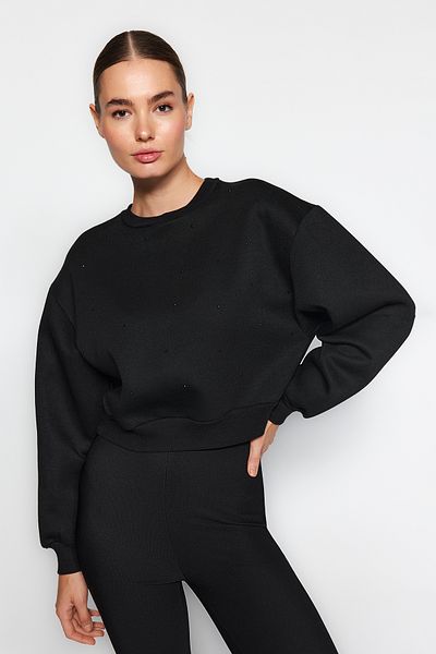 Trendyol Collection Черен дебел полар от вътрешната страна на камък с детайли, стандартен/нормален плетен суичър TWOAW24SW00118