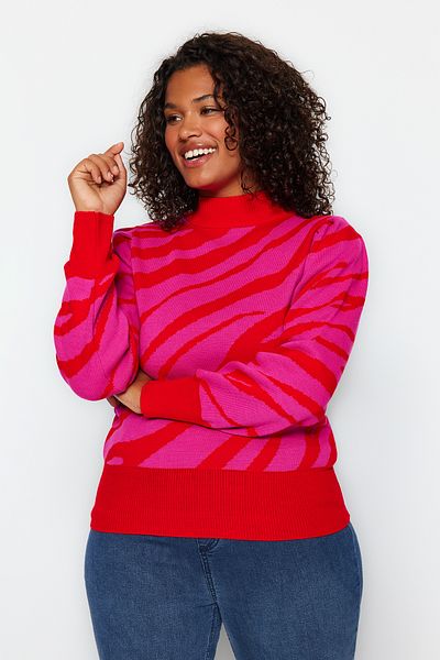 Trendyol Curve Pomegranate Flower Stand-up Collar Knitwear Sweater TBBAW24AN00046