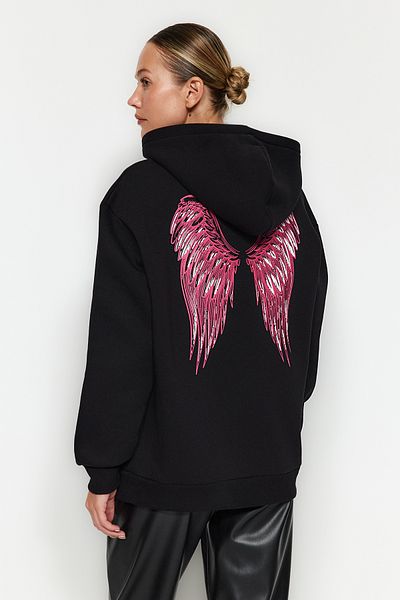 Trendyol Collection Черен дебел вътрешен полар с щампи отпред и отзад Oversize/широк плетен суичър TWOAW24SW00167