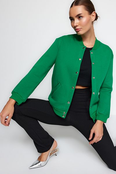 Trendyol Collection Emerald Green Thick Fleece Inside Relaxed/Comfortable Fit Bomber Knitted Sweatshirt with Snap Fasteners TWOAW24SW00170