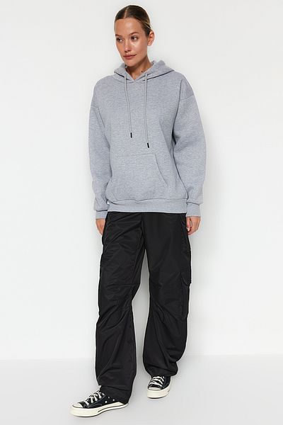 Trendyol Collection Gray Melange Thick Fleece Inside Oversize/Wide Fit Hooded Basic Knitted Sweatshirt TWOAW24SW00103