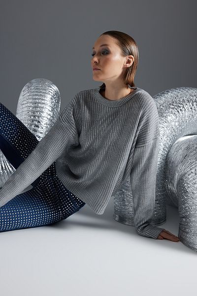 Trendyol Collection Gray Foiled Printed Knitwear Sweater TWOAW24KZ00708