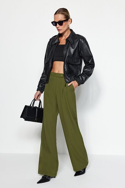 Trendyol Collection Tmavé khaki tkané kalhoty se širokým pasem - Twoaw22Pl0066
