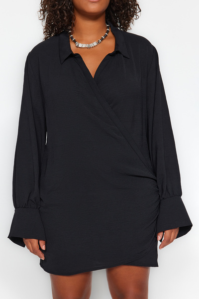 Trendyol Curve Rochie mini neagră cu guler cămașă - mânecă lungă TBBAW24AH00102