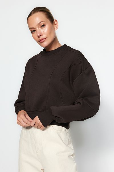 Trendyol Collection Hnědá tlustá fleecová mikina uvnitř Detailní prošívání Regular/Normal Fit Pletená mikina TWOAW24SW00169