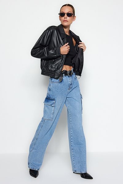 Trendyol Collection Light Blue High Waist Extra Wide Leg Jeans with Cargo Pockets TWOAW24JE00187