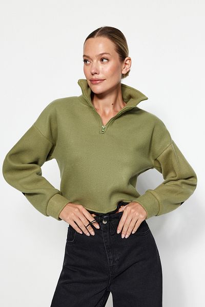 Trendyol Collection Khaki Parachute Detailed Polo Límeček na zip Fleecová pletená mikina na zip TWOAW24SW00005