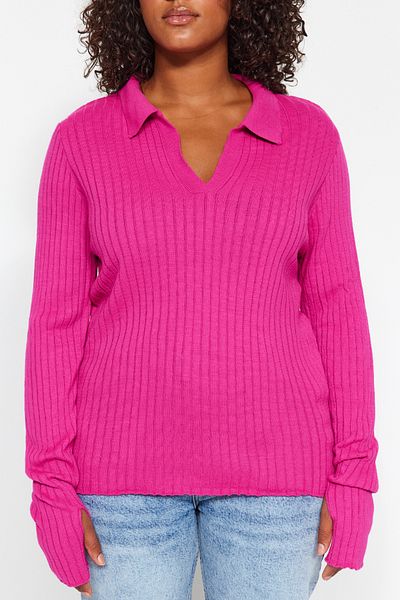 Trendyol Curve Fuchsia Sleeve Detailed Polo Neck Knitwear Sweater TBBAW24AN00048