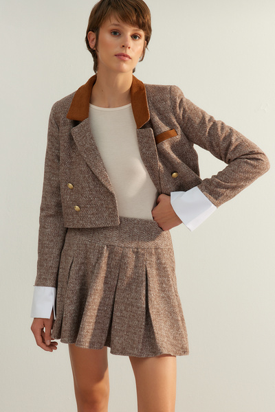 Trendyol Collection Καφέ Μίνι υφασμένη φούστα κορυφαίας ποιότητας πλισέ TWOAW24ET00259