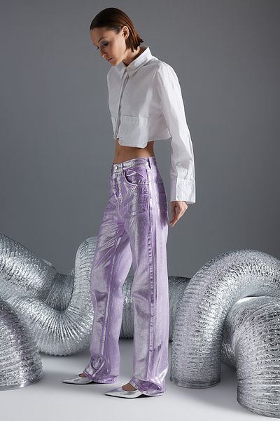 Trendyol Collection Lilac Shiny Metallic Printed High Waist Wide Leg Jeans TWOAW24JE00222