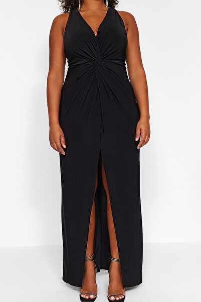 Trendyol Curve Μίντι πλεκτό φόρεμα μαύρο σκίσιμο TBBAW24AH00095