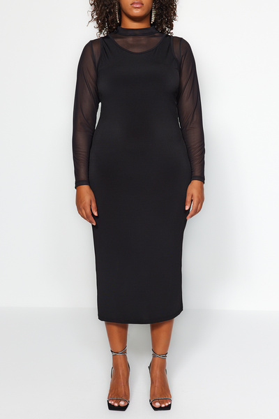 Trendyol Curve Czarna dopasowana sukienka midi z dzianiny TBBAW24AH00083