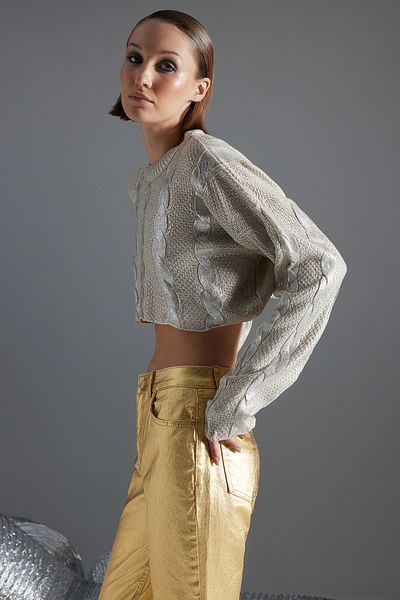 Trendyol Collection Stone Super Crop Hair Braided Foil Printed Knitwear Sweater TWOAW24KZ01074