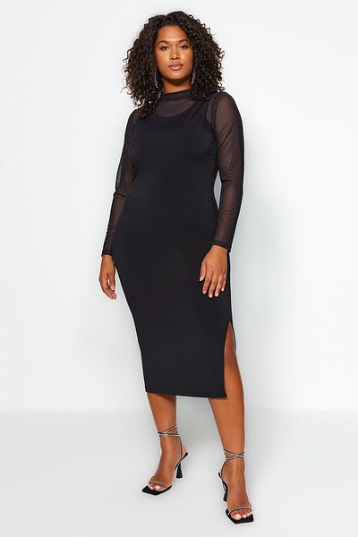 Trendyol Curve Black Fitted Midi Knitted Dress TBBAW24AH00083