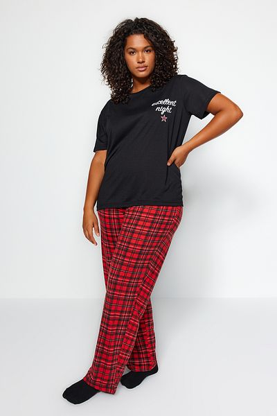 Trendyol Curve Black Printed Plaid Flannel Woven Pajamas Set TBBAW24AI00016