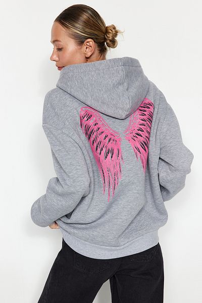 Trendyol Collection Gray Melange Thick Fleece Inside Front and Back Printed Oversize/Wide Fit Knitted Sweatshirt TWOAW24SW00167