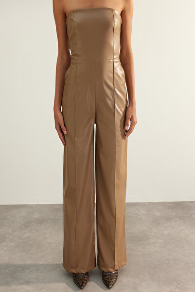 Trendyol Collection Mink Premium Faux Leather Strapless Woven Jumpsuit TWOAW24TU00027