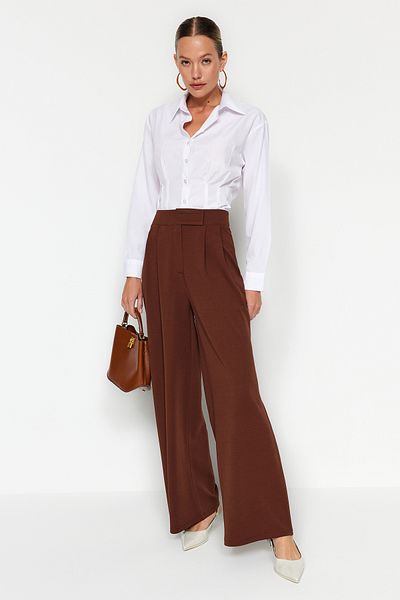 Trendyol Collection Brown Velcro Belt High Waist Pleated Wide Leg Knitted Trousers TWOAW24PL00177