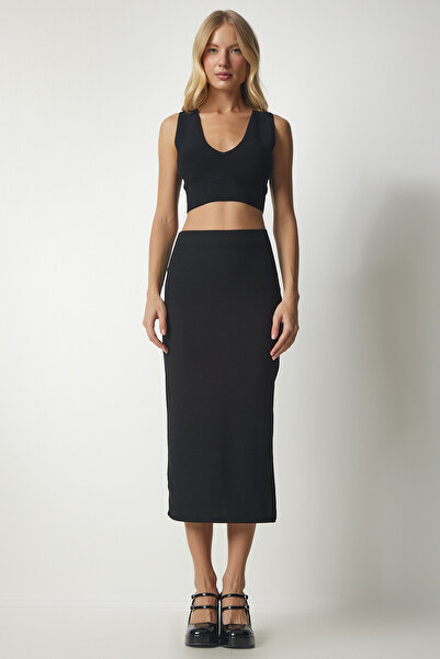 Happiness İstanbul Dámská černá tužková sukně s rozparkem MC00230