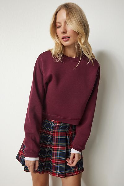 Happiness İstanbul Burgunderrotes, kurzes Sweatshirt mit Reliefmuster für Damen, UB00178