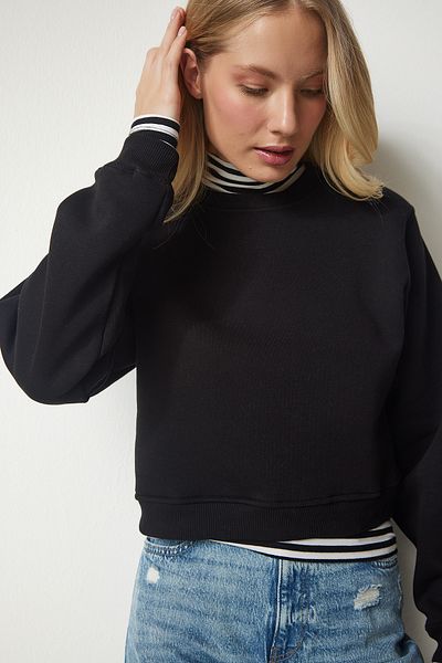 Happiness İstanbul Schwarzes, kurzes Sweatshirt mit Reliefmuster für Damen, UB00178