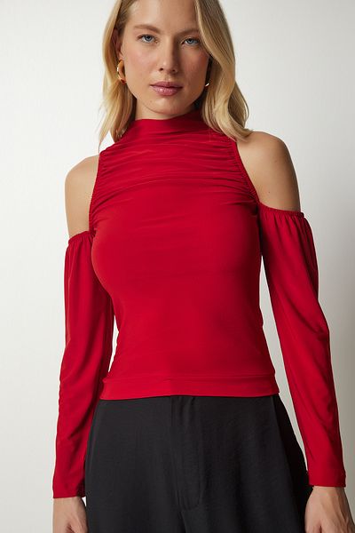 Happiness İstanbul Women's Red Open Shoulder Detailed Knitted Blouse TO00107