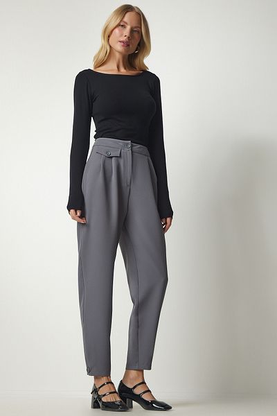 Happiness İstanbul Women's Gray Buttoned Stylish Woven Trousers GK00012