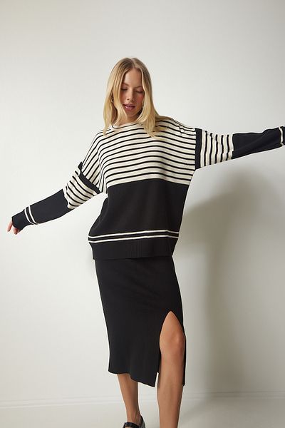 Happiness İstanbul Women's Black Striped Sweater Skirt Knitwear Set Kİ00104