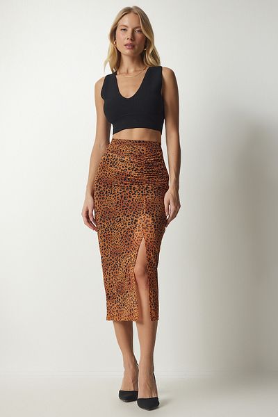 Happiness İstanbul Orange gemusterter Chiffonrock mit Raffung für Damen CR00420