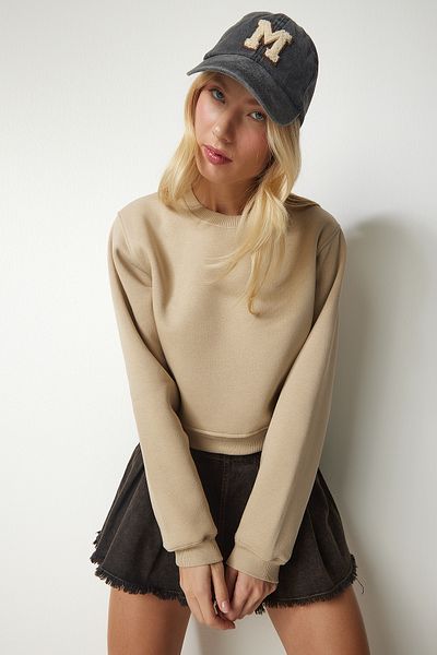 Happiness İstanbul Beiges, erhabenes, kurzes Sweatshirt für Damen UB00178