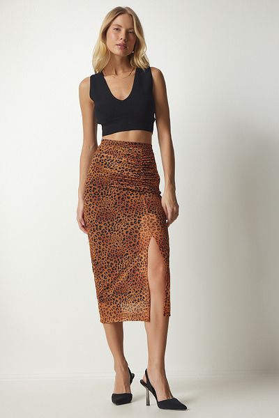Happiness İstanbul Orange gemusterter Chiffonrock mit Raffung für Damen CR00420