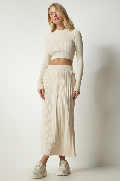 Happiness İstanbul Γυναικείο Σετ Κρεμ Ριμπ Πλεκτή Φούστα Crop KI00106