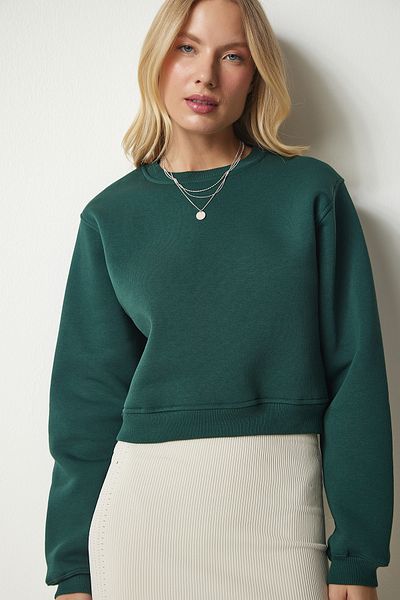 Happiness İstanbul Smaragdgrünes, kurzes Sweatshirt mit Reliefmuster für Damen, UB00178