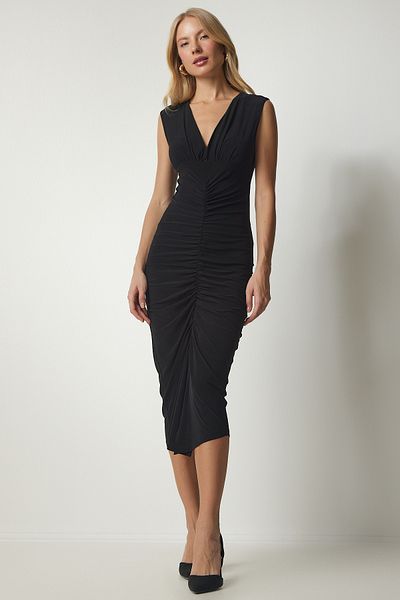Happiness İstanbul Rochie Sandy, neagră, cu șnur, care se îmbrățișează pe corp, TO00112